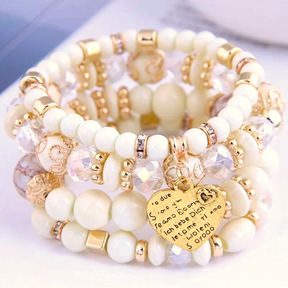 New, Bohemian Crystal Beads Rope Ethnic Heart Charm Wrap 4 Bracelets Pulsera